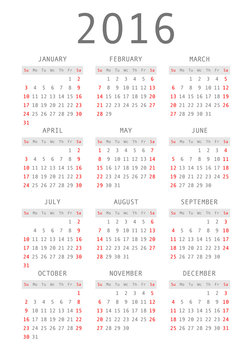 Vector calendar grid for 2016. Rigorous design.