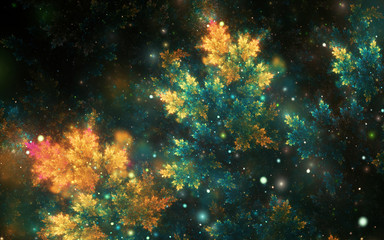 Abstract fractal, decorative glowing yellow-blue branch with soft blur on dark cosmic background