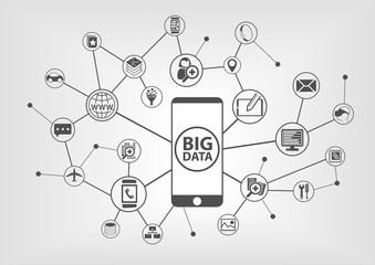 Big data and mobility concept with connected devices like smart phone. IT symbols on grey background.
