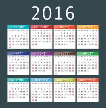 Vector calendar grid for 2016. Rigorous design.