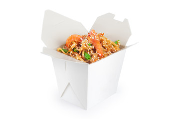 Chinese food. Noodles with shrimp isolated on white background.