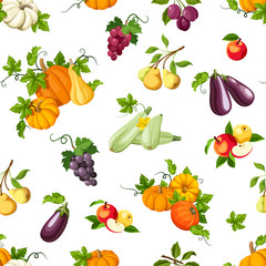 Vector seamless pattern with various vegetables and fruits on white.