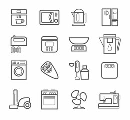 Household appliances, icons, line, white background. 