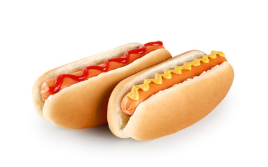 Hot dogs with ketchup and mustard isolated on white background.