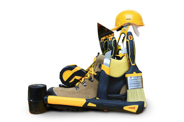 Shoe construction with tools and construction helmet