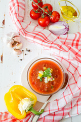 Gazpacho soup and ingredients 