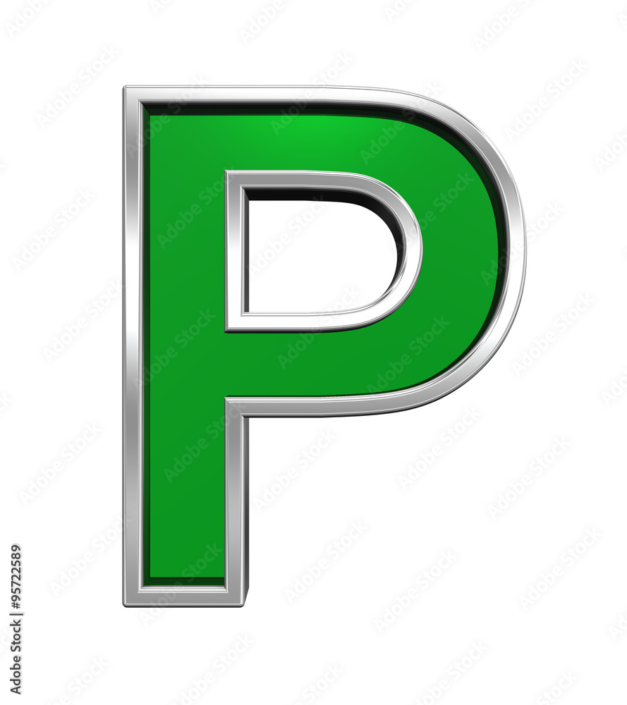 Fototapete one letter from green glass with chrome frame alphabet set, isolated on white. computer generated 3d