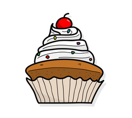 Cupcake, a hand drawn vector illustration of a cupcake with cherry on top.