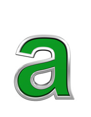 One lower case letter from green glass with chrome frame alphabet set, isolated on white. Computer generated 3D photo rendering.