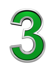 One digit from green glass with chrome frame alphabet set, isolated on white. Computer generated 3D photo rendering.