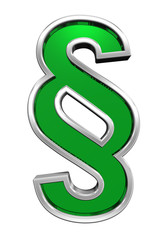 Paragraph sign from green glass with chrome frame alphabet set, isolated on white. Computer generated 3D photo rendering.