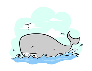 Whale, a hand drawn vector illustration of a whale swimming in the ocean.