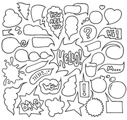 Big set of speech and think bubbles. Doodle cartoon comic bubbles isolated on white background.Hand-drawn vector organized in groups for easy editing.