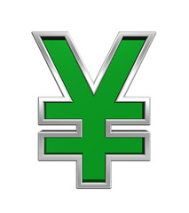 Yen sign from green glass with chrome frame alphabet set, isolated on white. Computer generated 3D photo rendering.