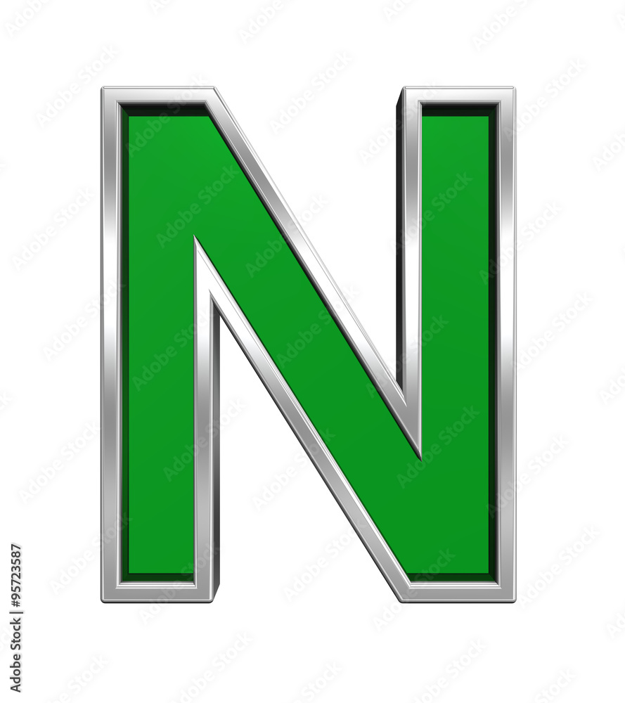 Fototapete one letter from green glass with chrome frame alphabet set, isolated on white. computer generated 3d