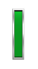 One letter from green glass with chrome frame alphabet set, isolated on white. Computer generated 3D photo rendering.