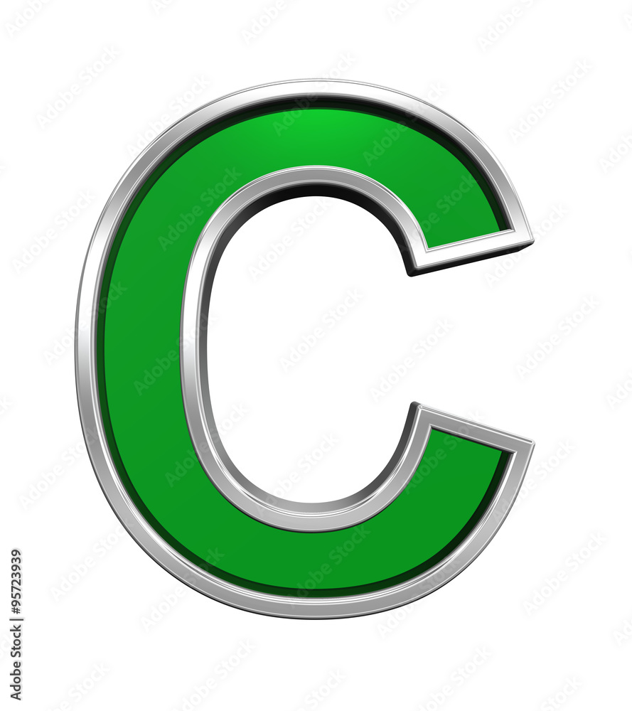 Fototapete one letter from green glass with chrome frame alphabet set, isolated on white. computer generated 3d