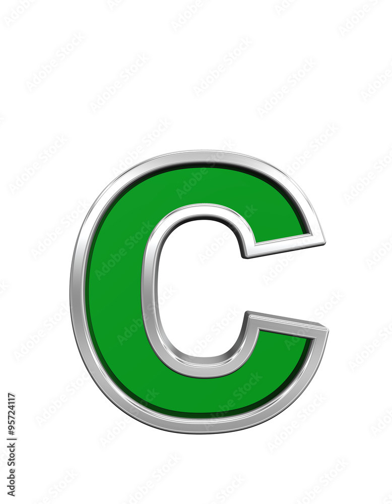 Fototapete one lower case letter from green glass with chrome frame alphabet set, isolated on white. computer g