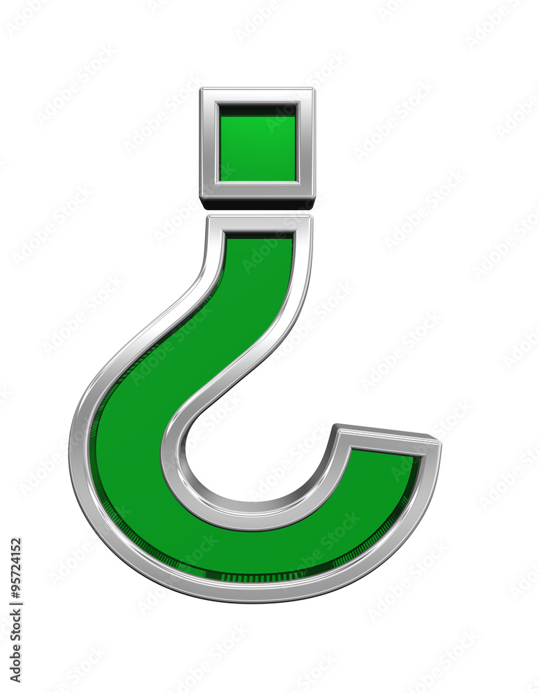 Fototapete question mark sign from green glass with chrome frame alphabet set, isolated on white. computer gene
