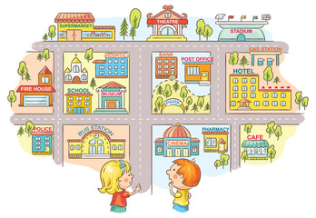 Children asking and telling the way to different city buildings