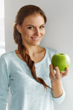 Healthy Food, Eating, Lifestyle, Diet Concept. Woman With Apple.