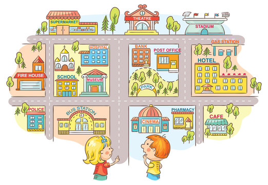Children asking and telling the way to different city buildings