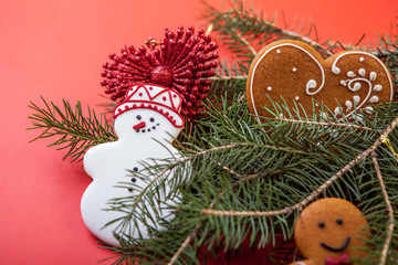 Christmas cookies with festive decoration on the red background.