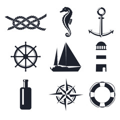 Vector naval badge element set. Vintage isolated monochrome collection. 