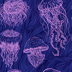 Fototapeta premium Vintage seamless pattern with collection of jellyfish. Hand drawn vector illustration of marine fauna in line art style.Design for summer beach, decorations.
