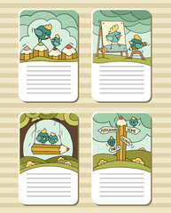 Collection of cute blocks for cards, notes, stickers, tags with birds and pencils. Template for scrapbooking, wrapping, notebooks, diary, school accessories. Doodle vector with birds for kids.