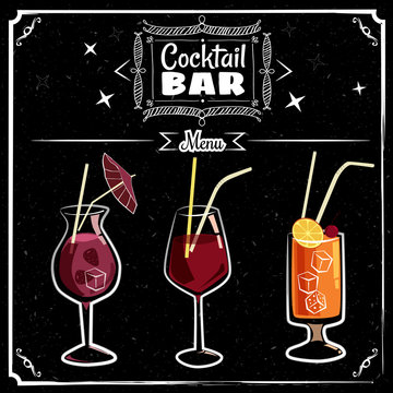 Cocktails menu chalked on a blackboard, vintage, vector, banner, illustration