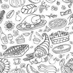 Thanksgiving day doodle icons seamless pattern.Linear