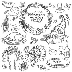 Thanksgiving day doodle icons,wreath.Linear set