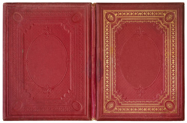Old open book cover in red canvas with embossed golden abstract and floral ornaments - circa 1870 -...