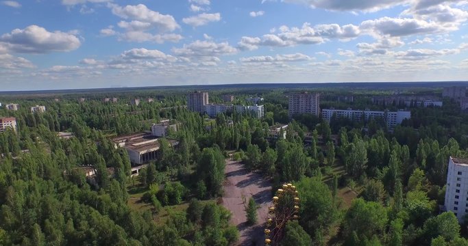 Aerial view. The Abandoned City of Pripyat near Chernobyl. 4K 