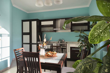 Kitchen interior in the morning, sunlight