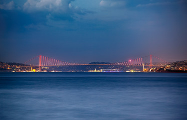 The night view of the Bosphorus with the Bosphorus bridge. Istan