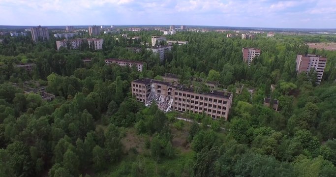 Collapsed school No1 of Pripyat town near Chernobyl. Ukraine. Aerial view.