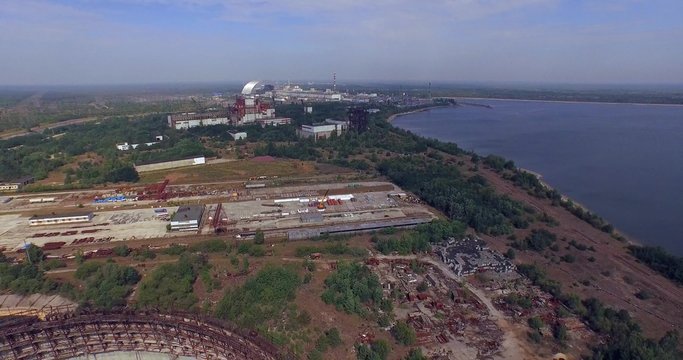 Chernobyl's arch. The New Safe Confinement (NSC or New Shelter) is a structure intended to contain the nuclear reactor at Chernobyl, Ukraine. Aerial. 