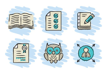 Set of contour simple education icons. Hand drawn graphic. Simple cartoon doodle vector illustration.