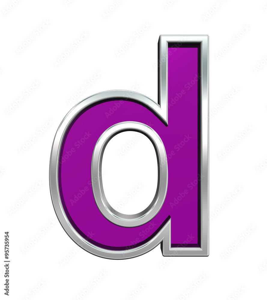 Fototapete one lower case letter from purple glass with chrome frame alphabet set, isolated on white. computer 