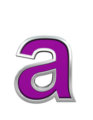 One lower case letter from purple glass with chrome frame alphabet set, isolated on white. Computer generated 3D photo rendering.