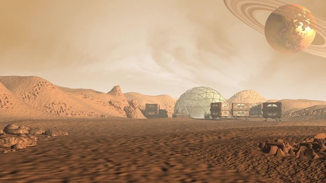Colony on a Mars like red planet, with astronaut pods, dome structure and a Saturn like moon with rings in a dusty sky