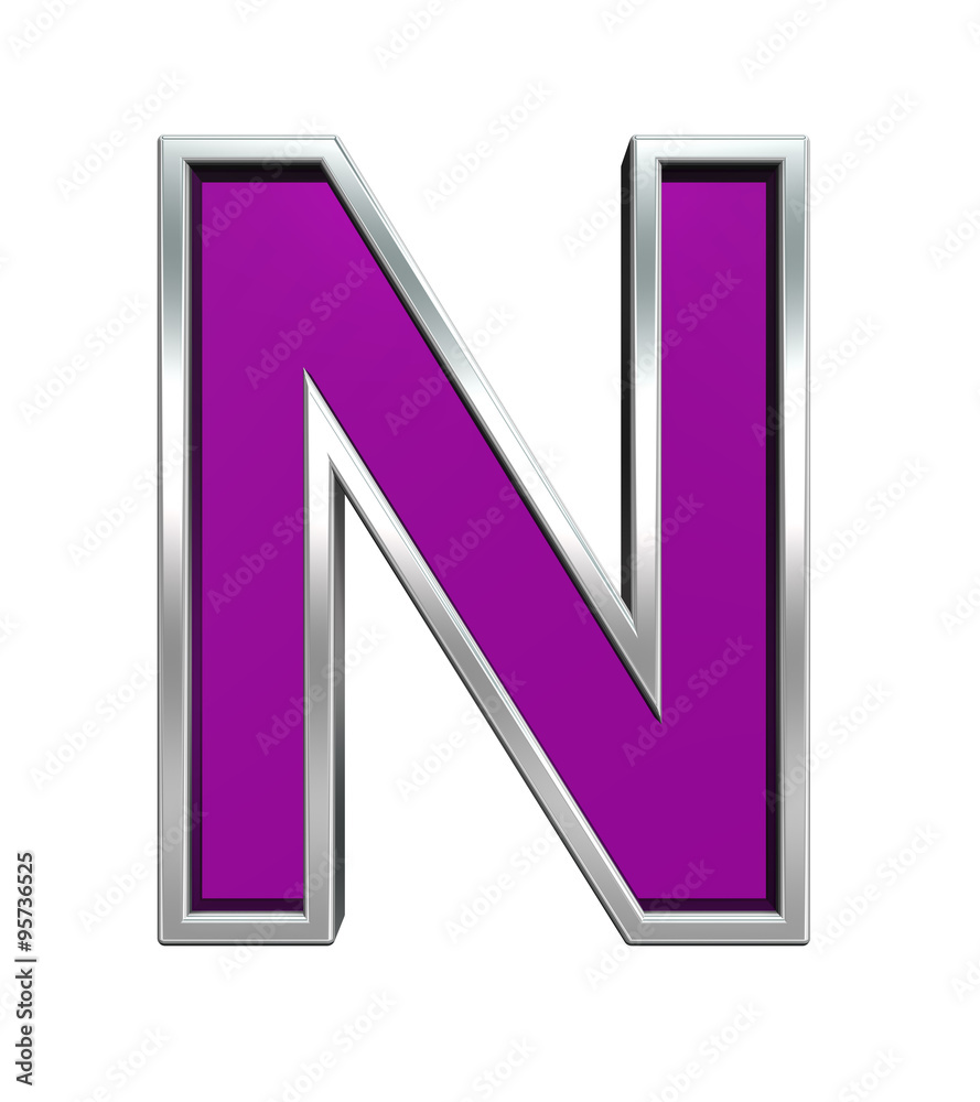 Fototapete one letter from purple glass with chrome frame alphabet set, isolated on white. computer generated 3