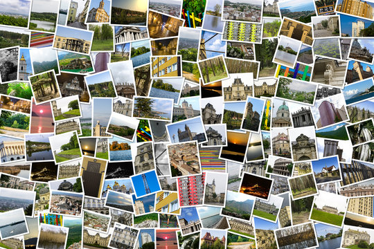 Asymmetrical mosaic mix collage of 200+ photos of different places, landscapes, objects  shot by myself during Europe travels
