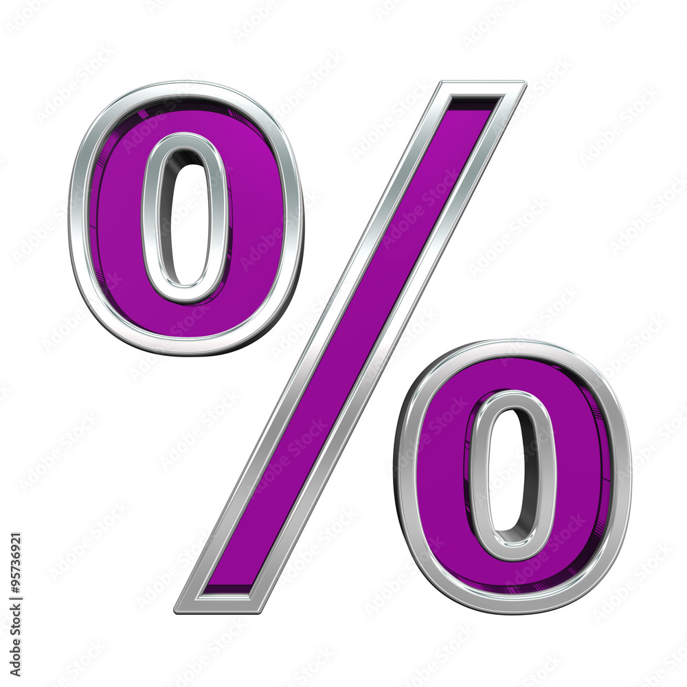 Fototapete percent sign from purple glass with chrome frame alphabet set, isolated on white. computer generated