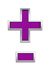 Hyphen, minus, plus marks from purple glass with chrome frame alphabet set, isolated on white. Computer generated 3D photo rendering.