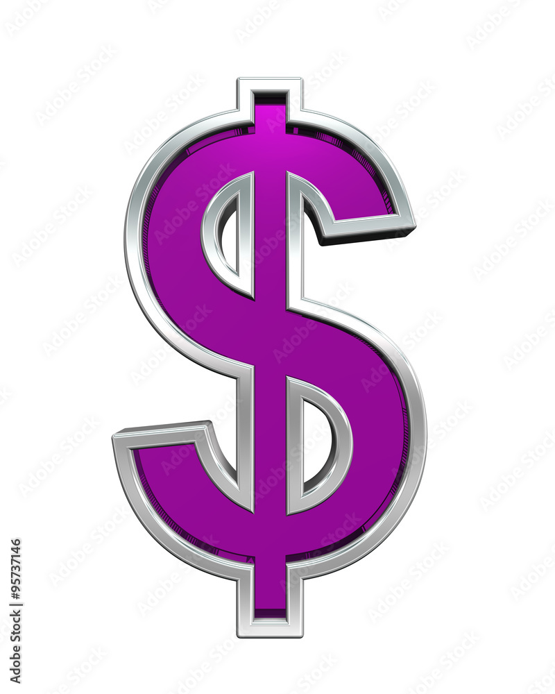 Fototapete dollar sign from purple glass with chrome frame alphabet set, isolated on white. computer generated 
