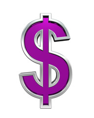 Dollar sign from purple glass with chrome frame alphabet set, isolated on white. Computer generated 3D photo rendering.