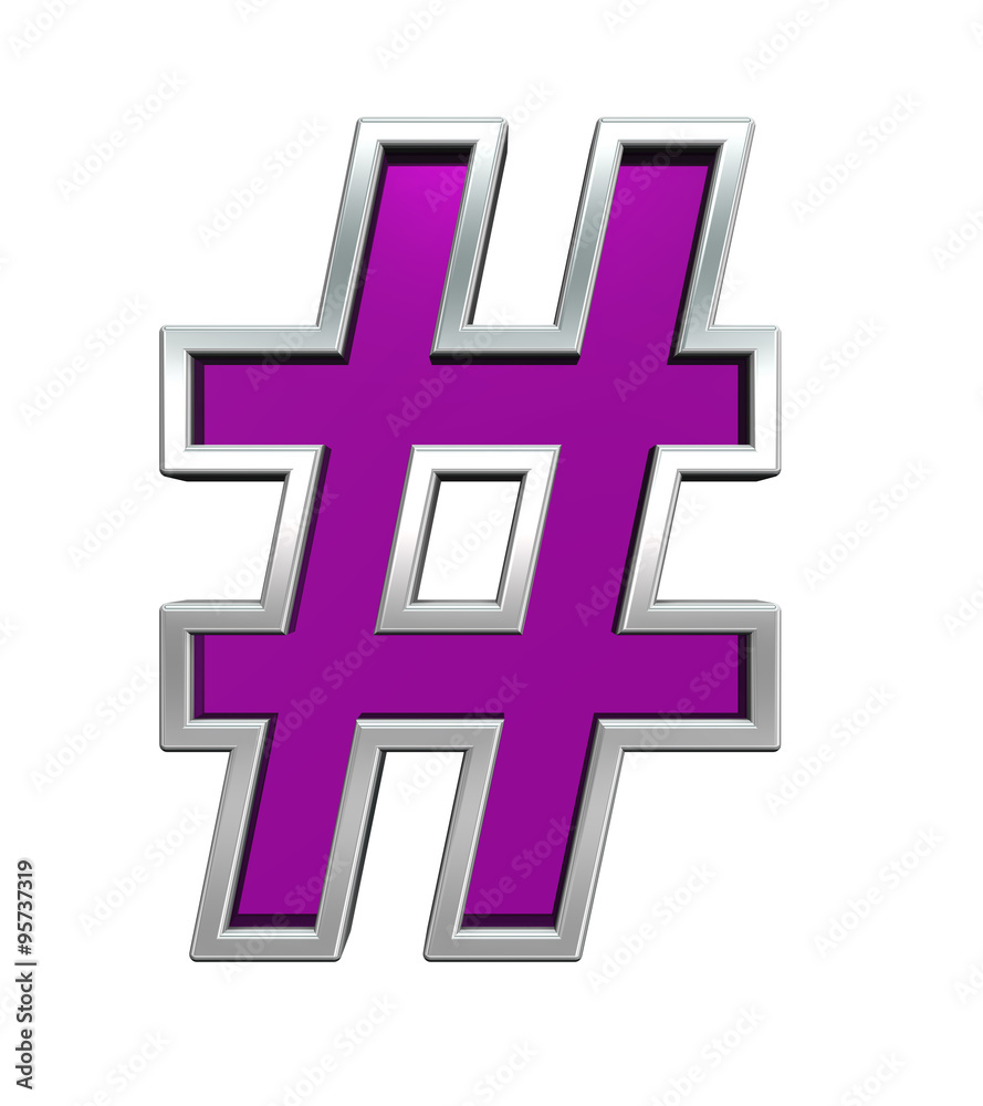 Fototapete number mark sign from purple glass with chrome frame alphabet set, isolated on white. computer gener